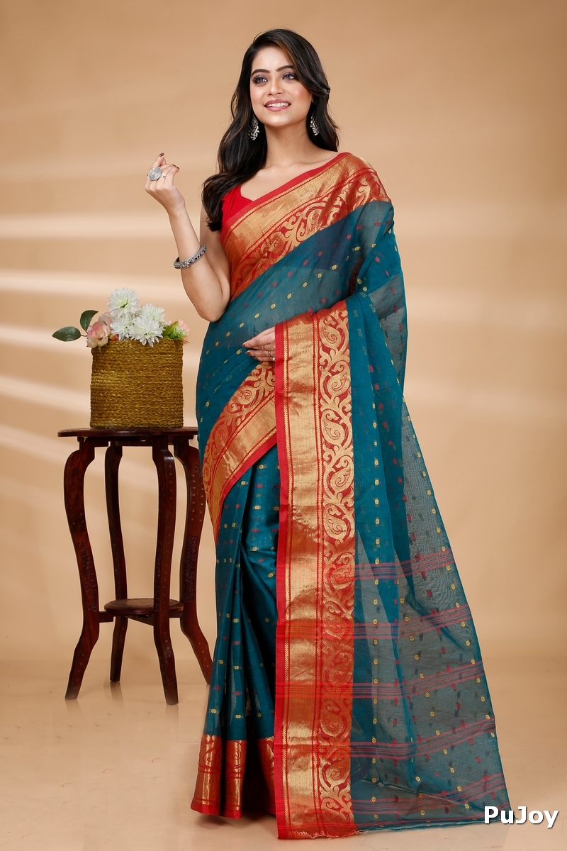 Dark Green Pure Cotton Sachi Tant Saree (1304)