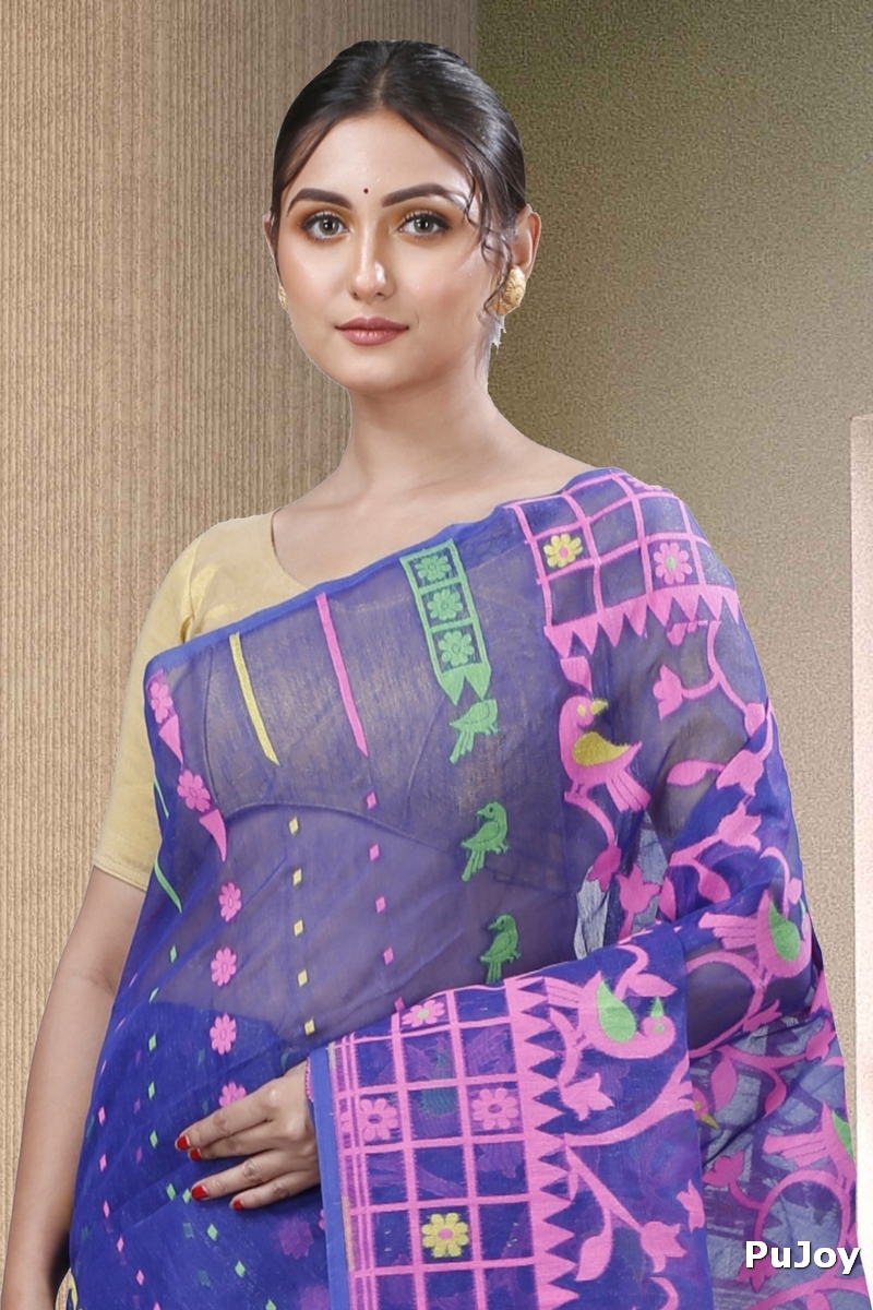 Blue Pure Cotton Sabon Jamdani Saree (1305)