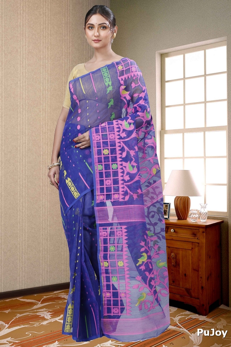 Blue Pure Cotton Sabon Jamdani Saree (1305)