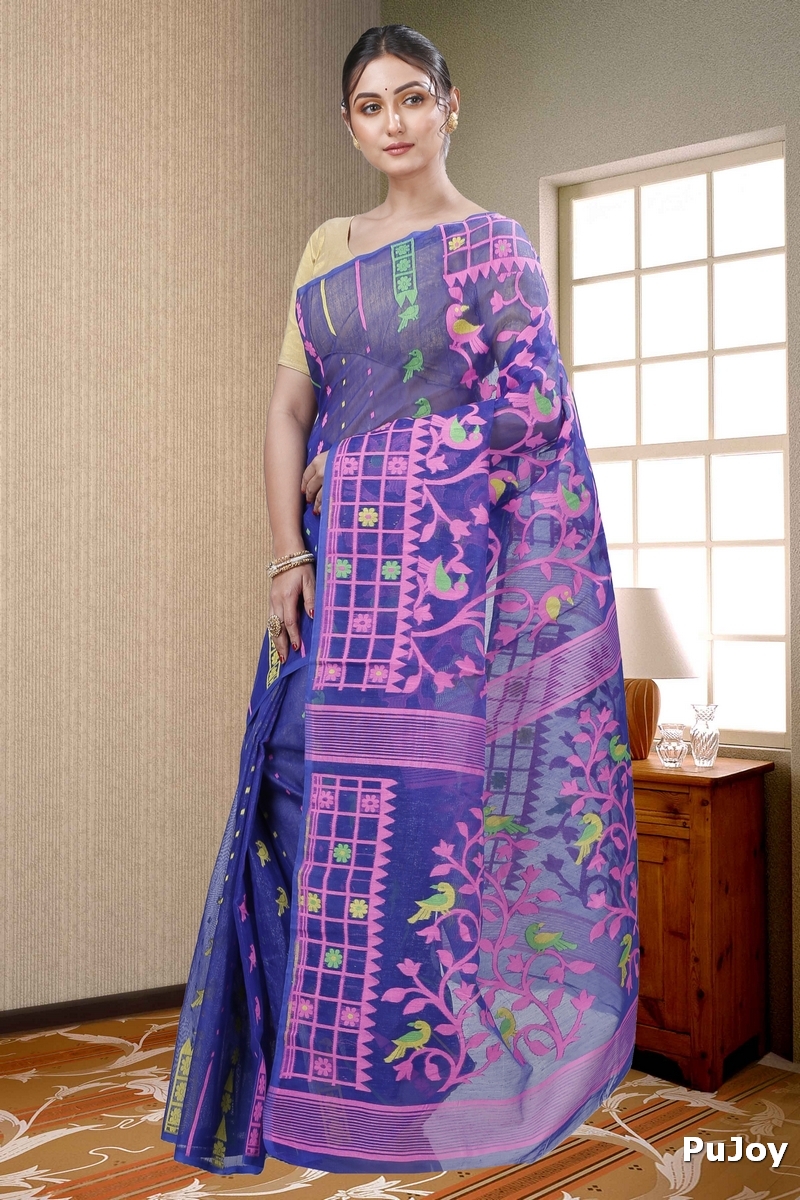 Blue Pure Cotton Sabon Jamdani Saree (1305)