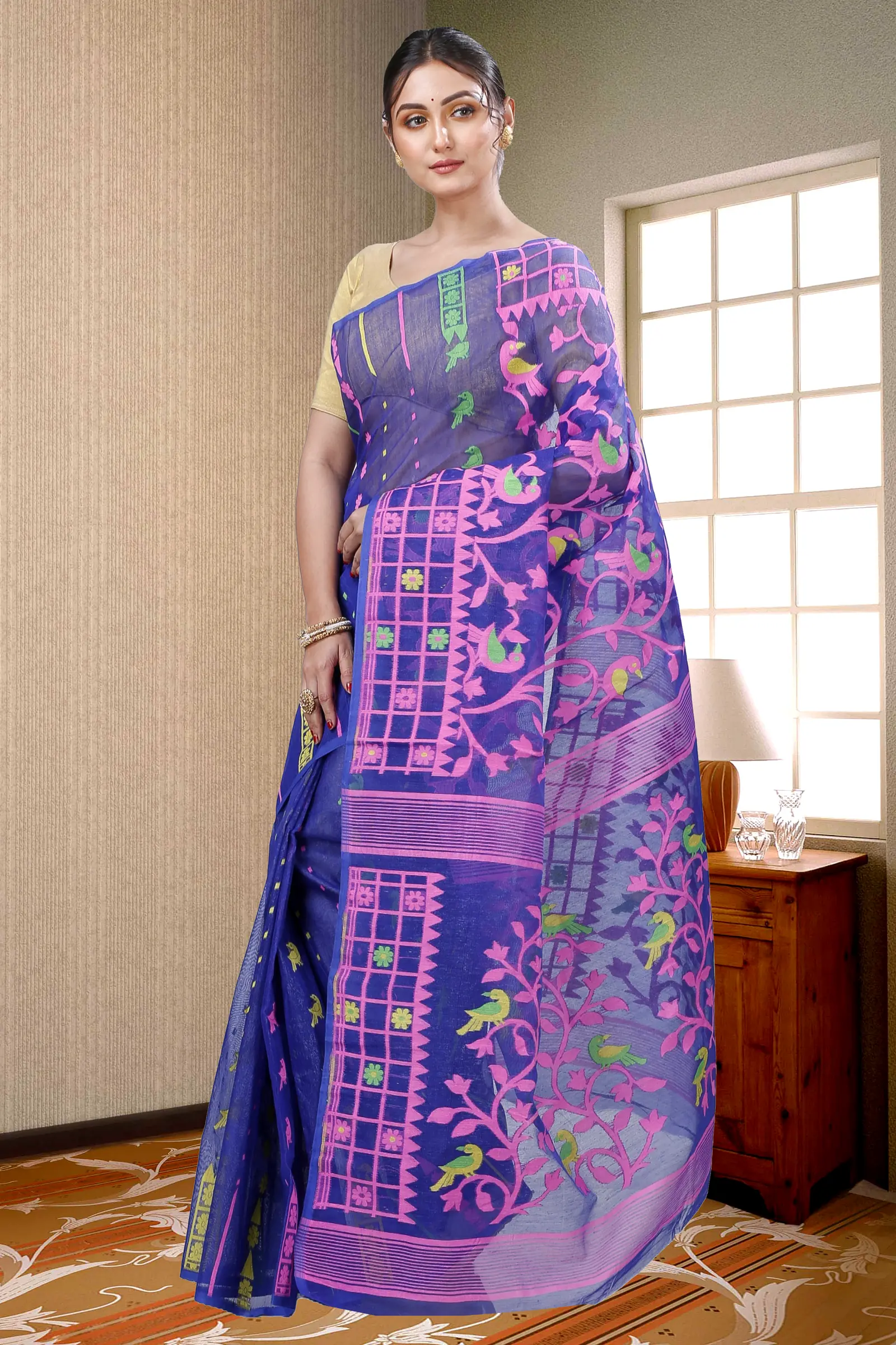 Blue Pure Cotton Sabon Jamdani Saree (1305)