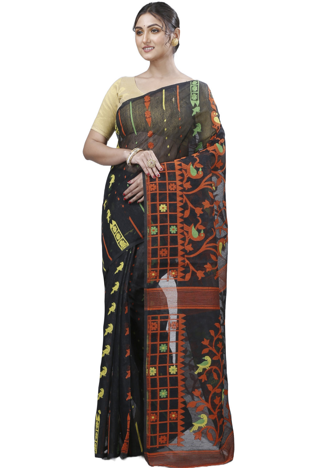 Black Pure Cotton Sabon Jamdani Saree (1306)
