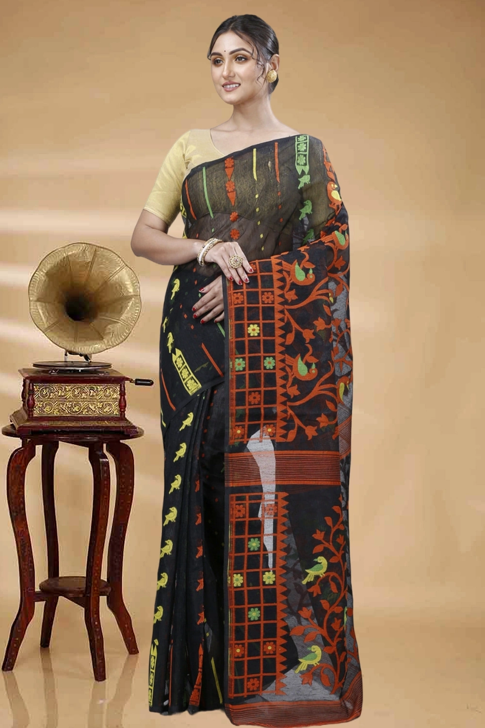 Black Pure Cotton Sabon Jamdani Saree (1306)