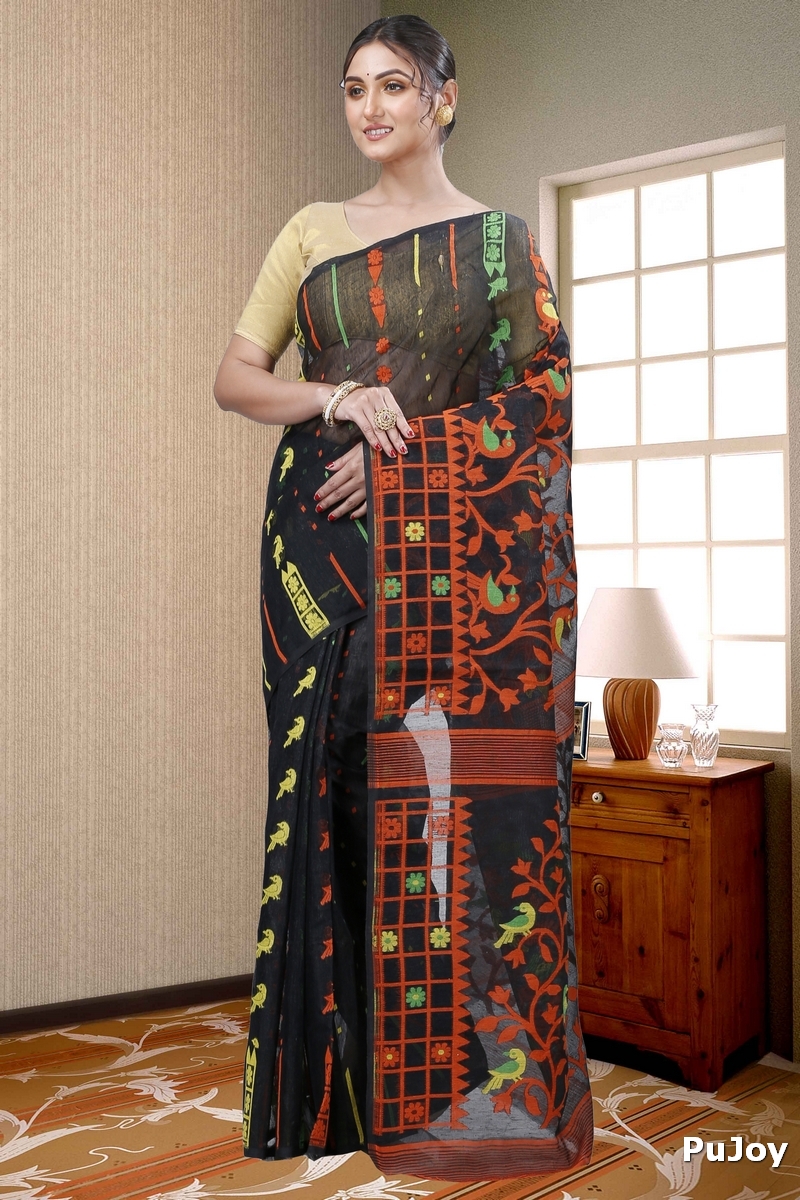 Black Pure Cotton Sabon Jamdani Saree (1306)