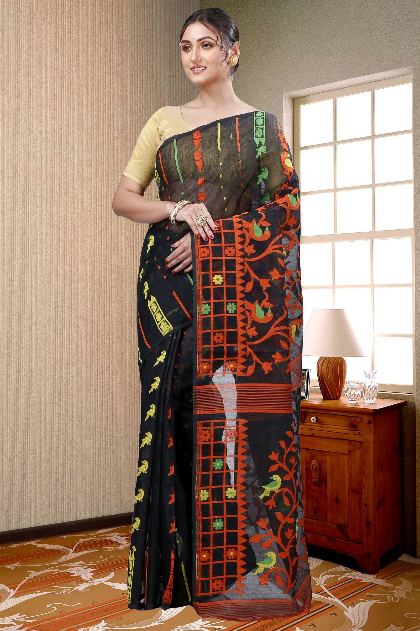 Black Pure Cotton Sabon Jamdani Saree (1306)