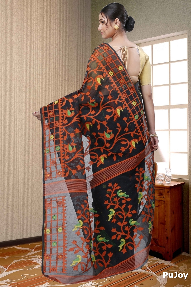 Black Pure Cotton Sabon Jamdani Saree (1306)