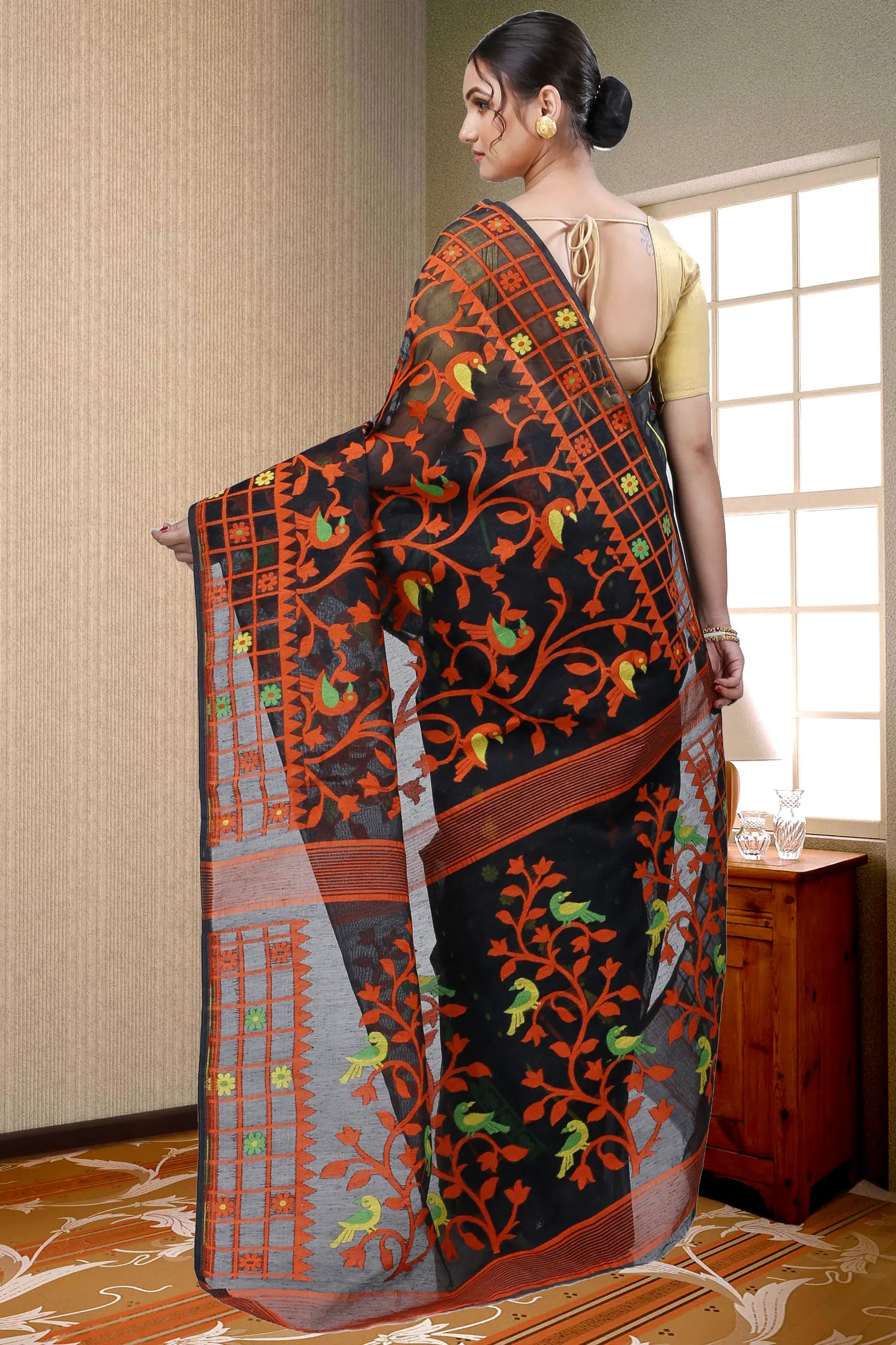 Black Pure Cotton Sabon Jamdani Saree (1306)