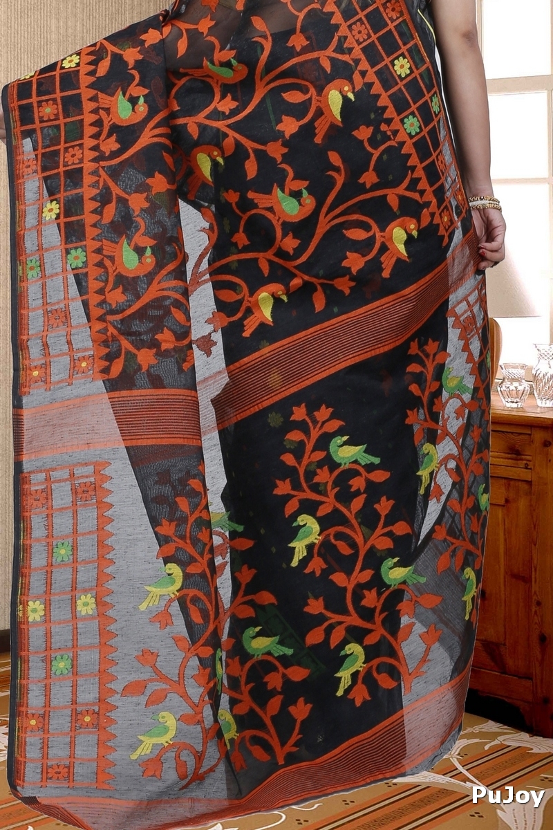 Black Pure Cotton Sabon Jamdani Saree (1306)