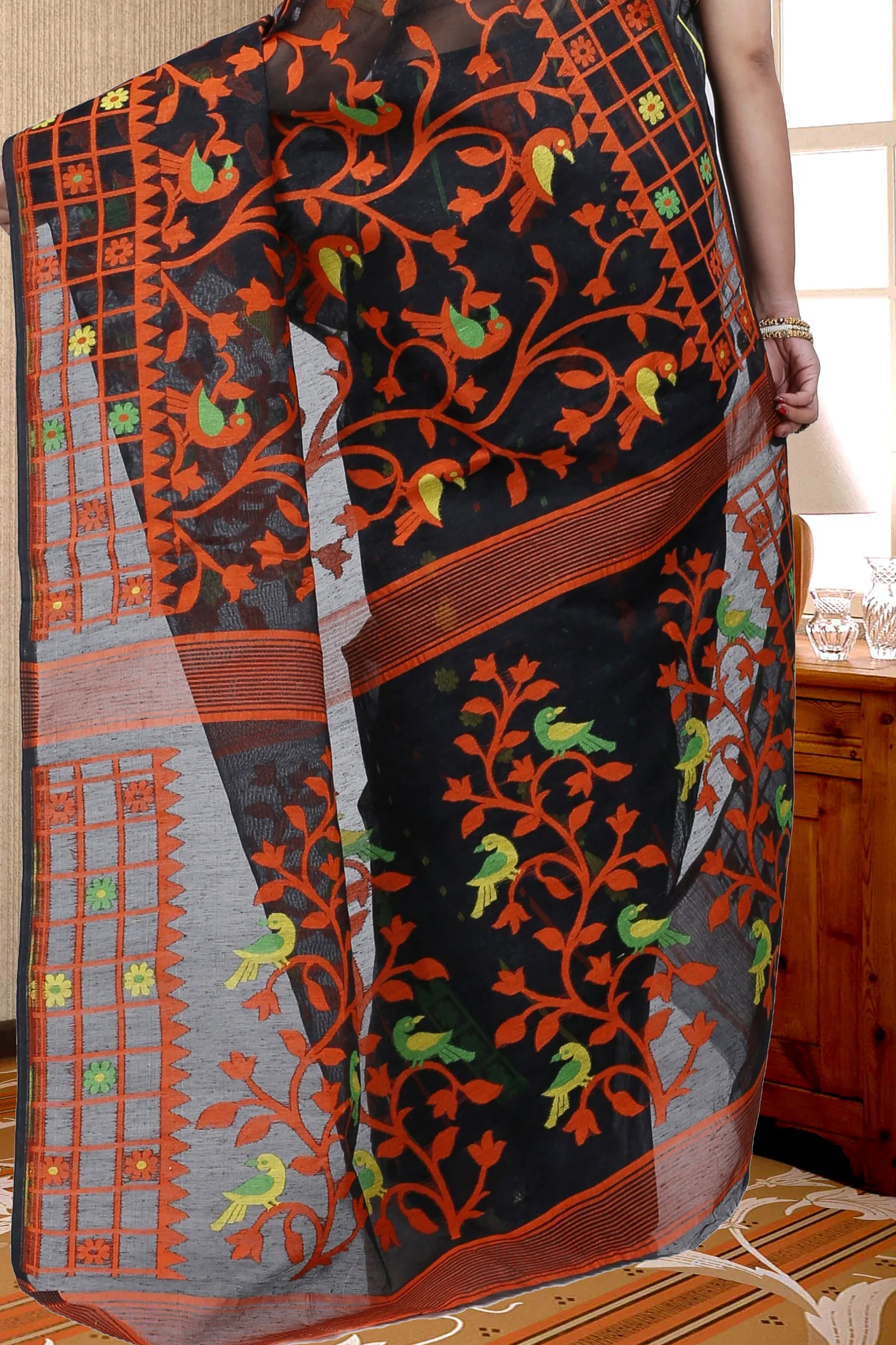 Black Pure Cotton Sabon Jamdani Saree (1306)