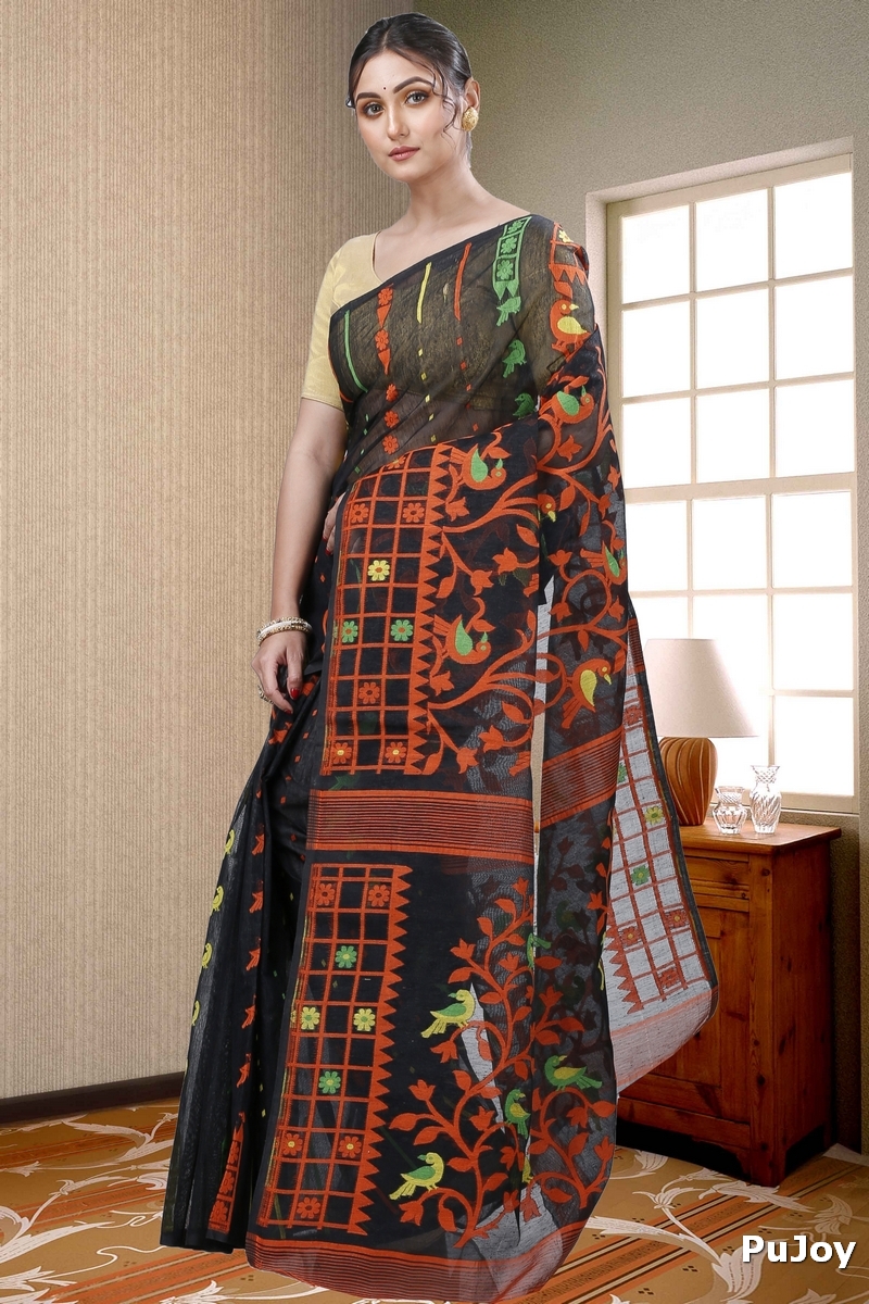 Black Pure Cotton Sabon Jamdani Saree (1306)