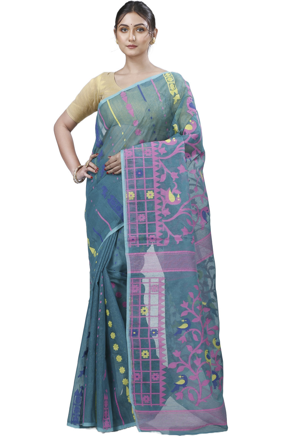 See Green Pure Cotton Sabon Jamdani Saree (1307)