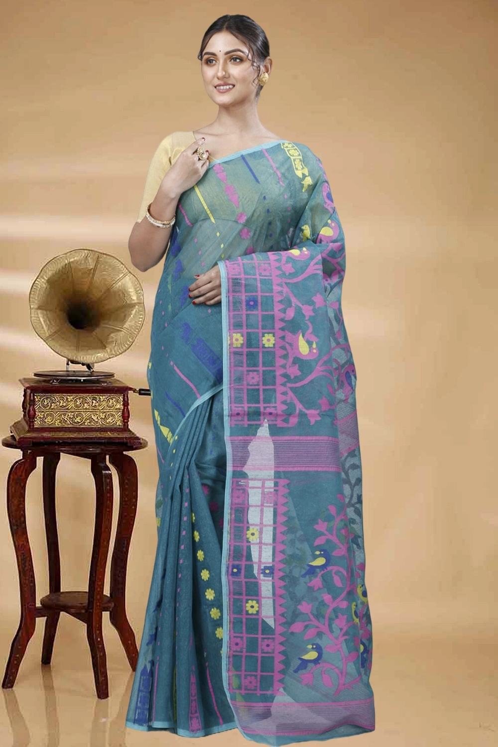 See Green Pure Cotton Sabon Jamdani Saree (1307)
