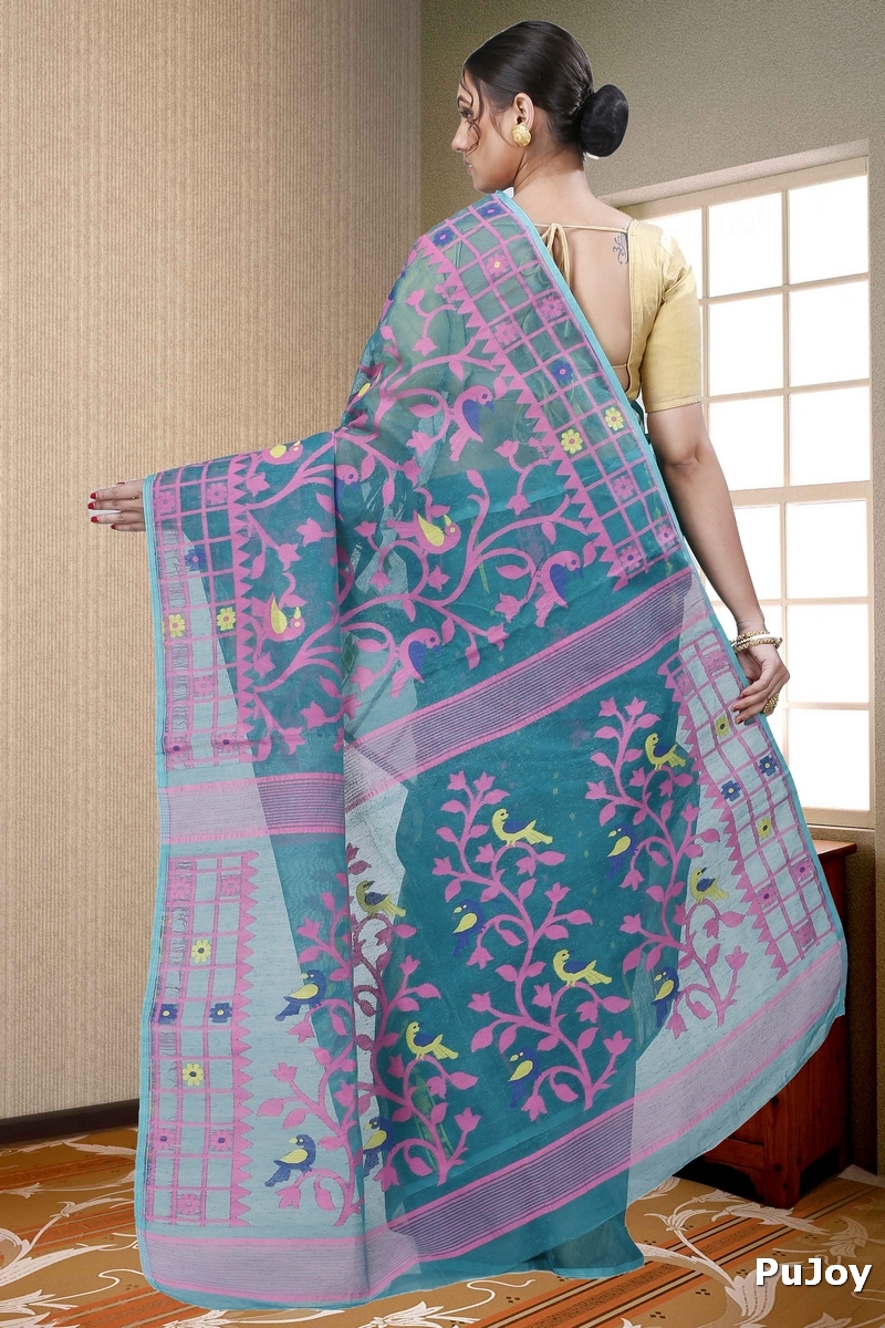 See Green Pure Cotton Sabon Jamdani Saree (1307)