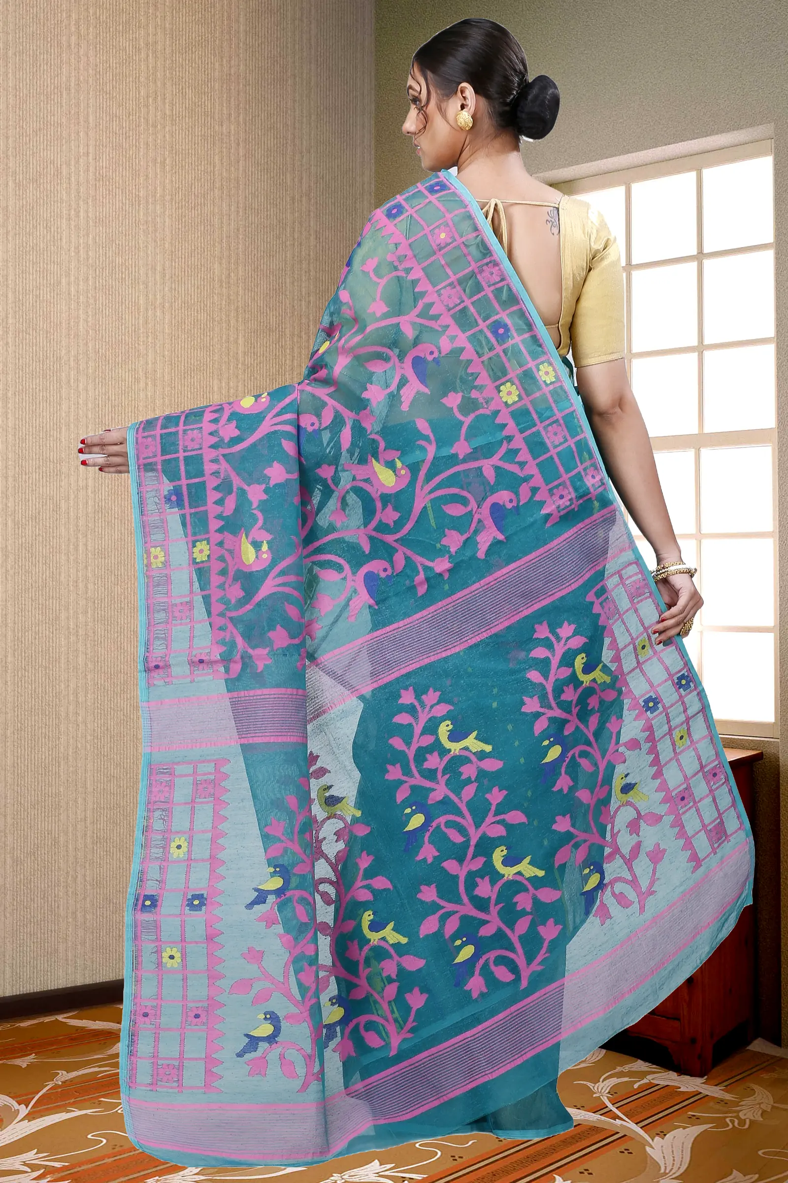 See Green Pure Cotton Sabon Jamdani Saree (1307)