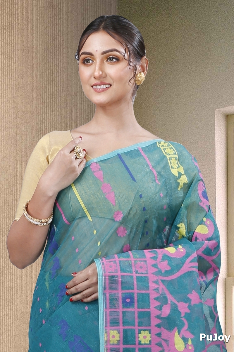 See Green Pure Cotton Sabon Jamdani Saree (1307)