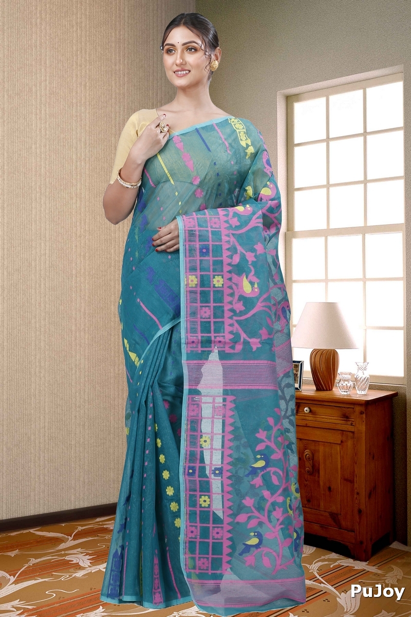 See Green Pure Cotton Sabon Jamdani Saree (1307)