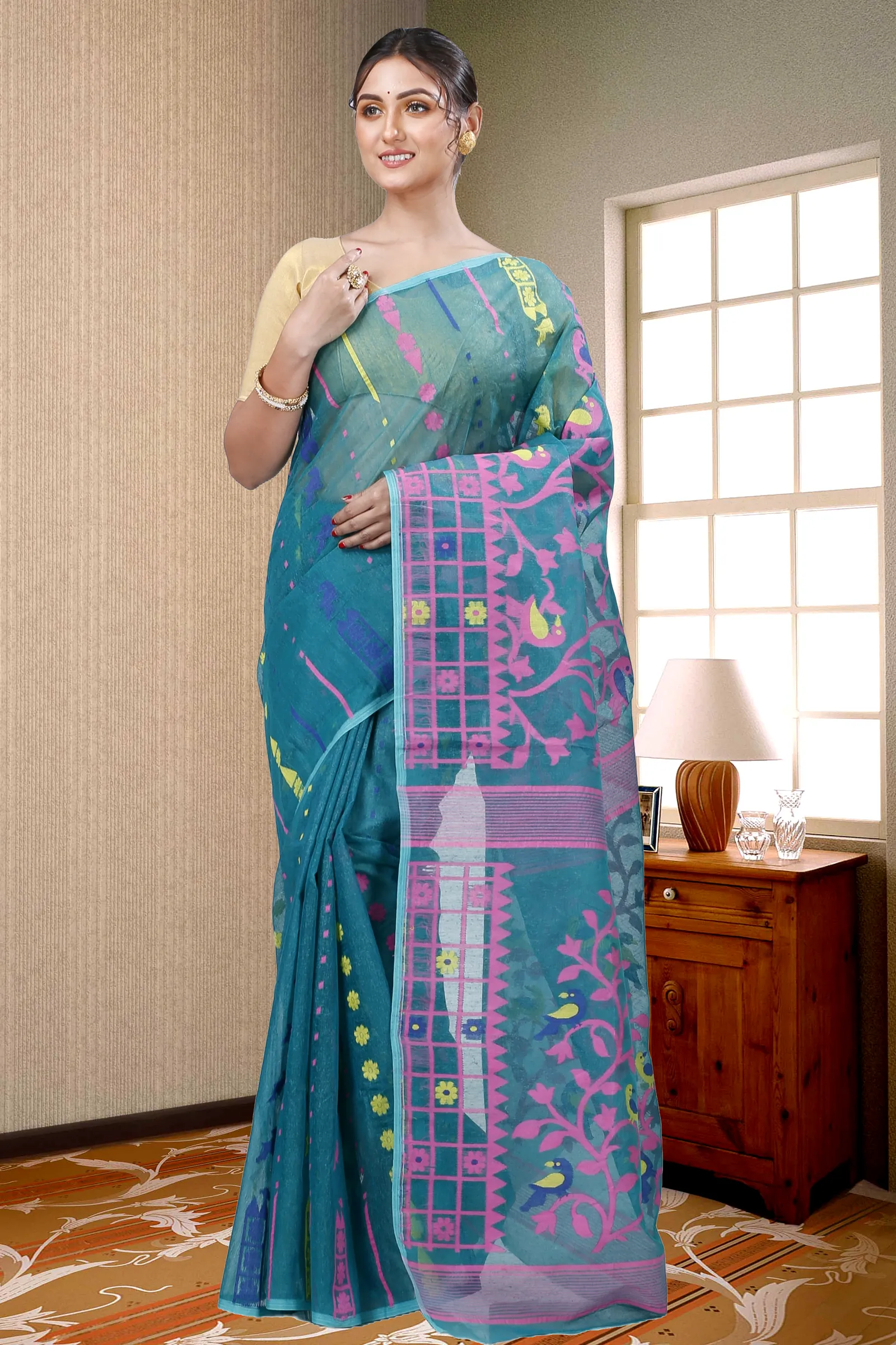 See Green Pure Cotton Sabon Jamdani Saree (1307)