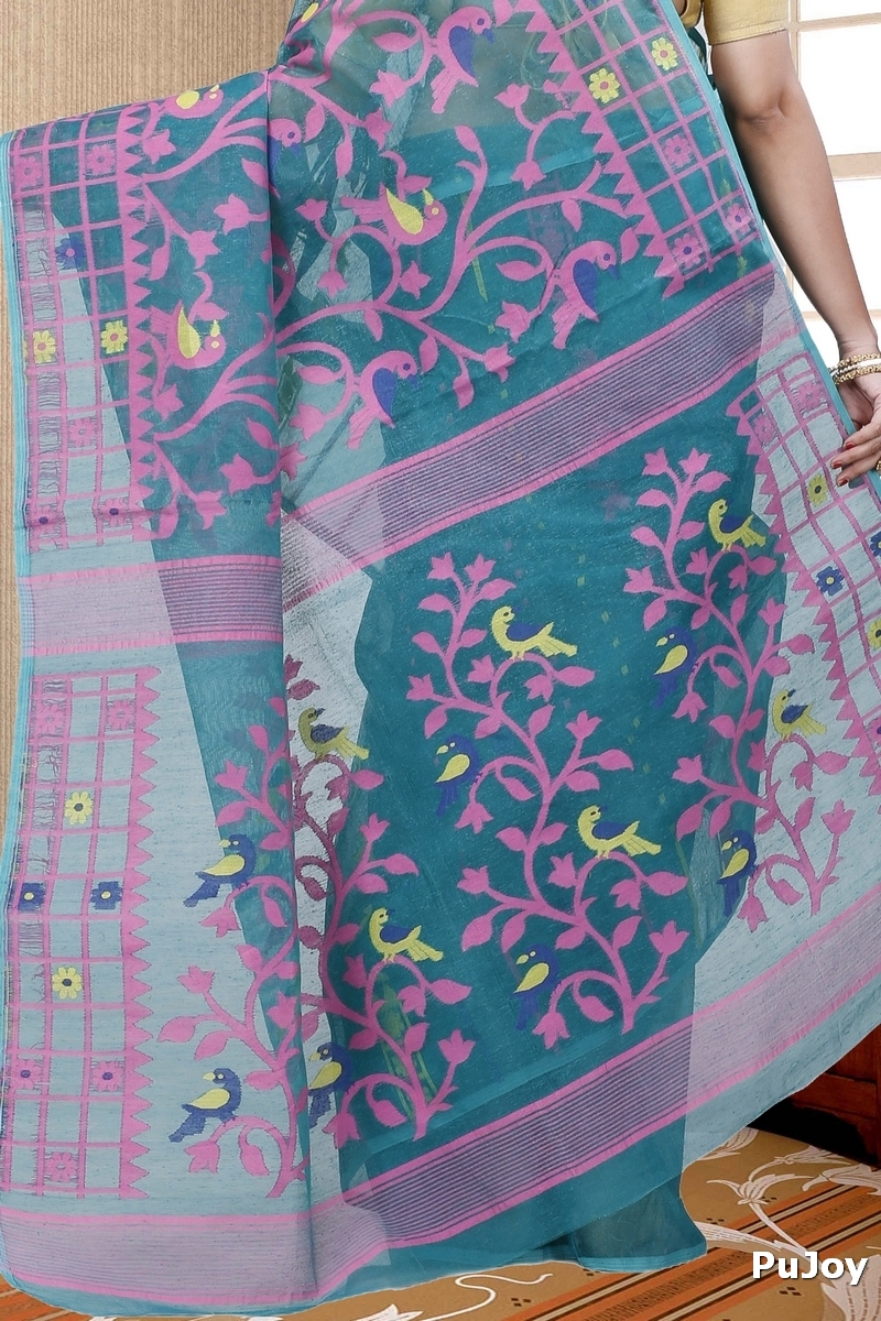 See Green Pure Cotton Sabon Jamdani Saree (1307)