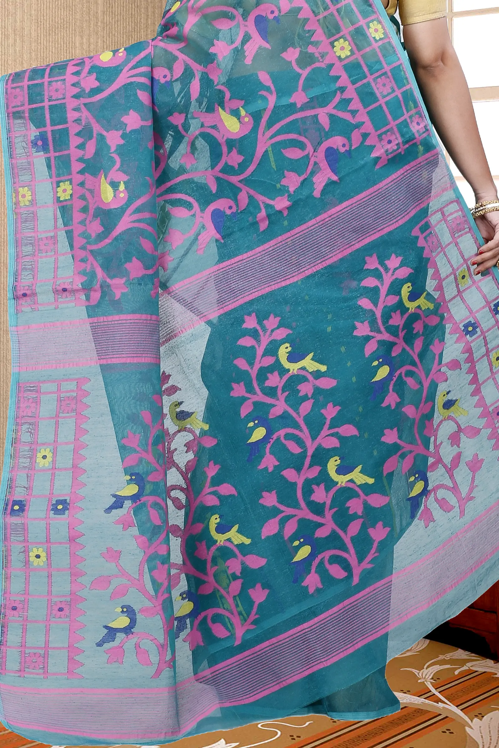 See Green Pure Cotton Sabon Jamdani Saree (1307)