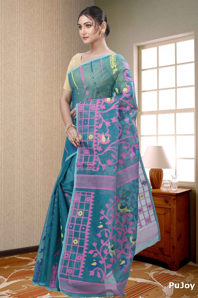 See Green Pure Cotton Sabon Jamdani Saree (1307)