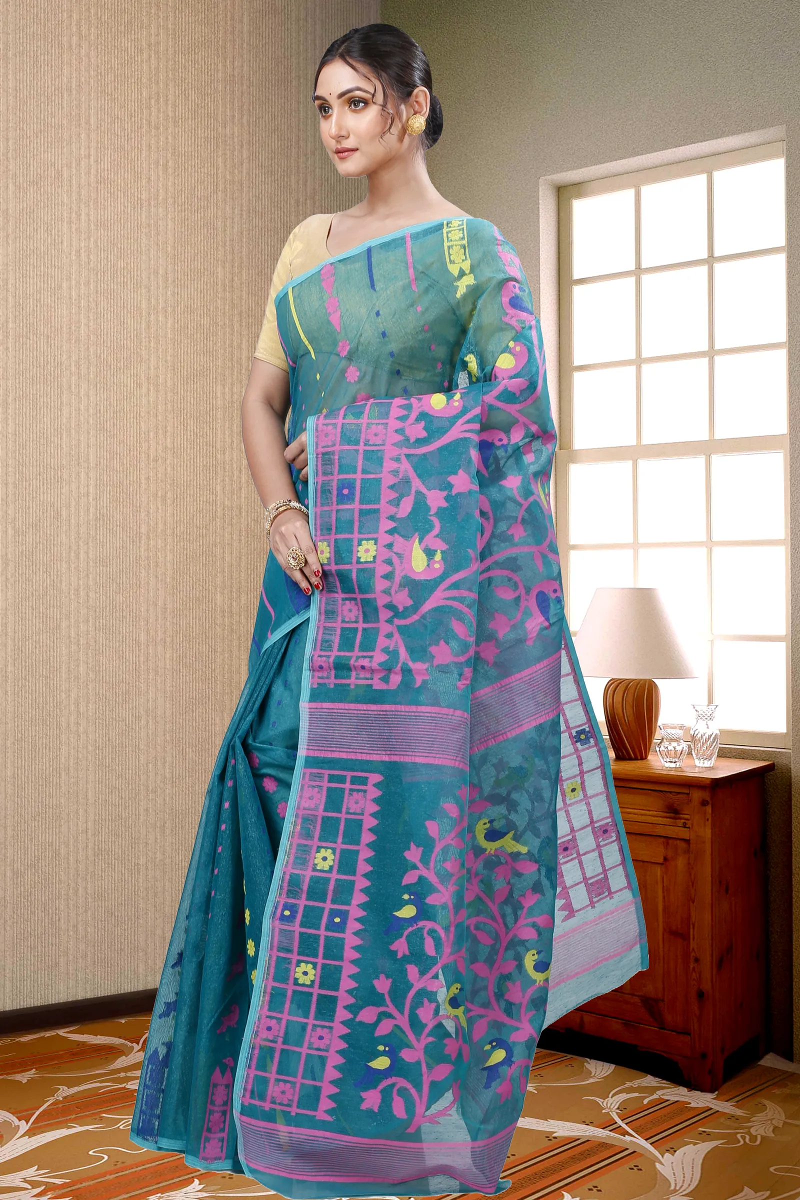 See Green Pure Cotton Sabon Jamdani Saree (1307)