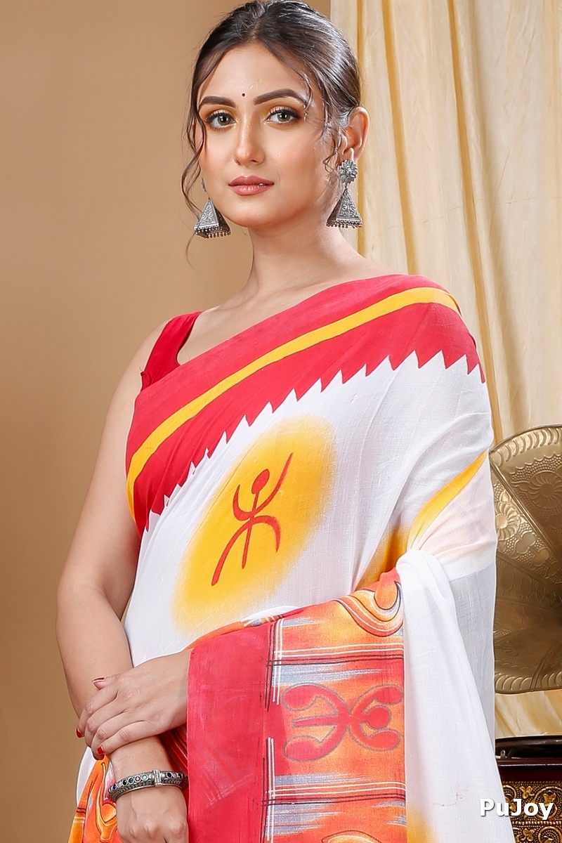 Red Pure Cotton Durga Printed Handloom Saree (1316)