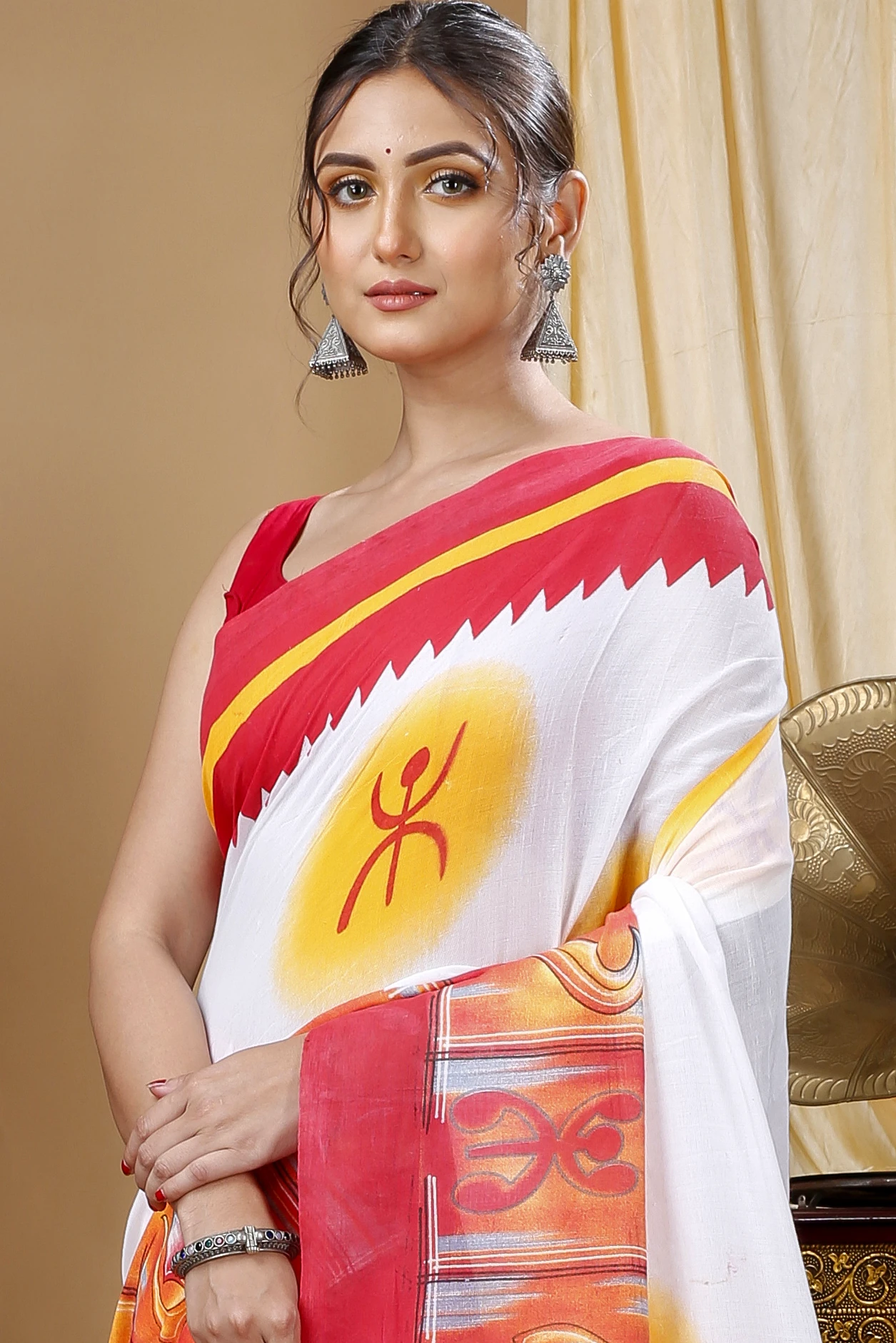 Red Pure Cotton Durga Printed Handloom Saree (1316)