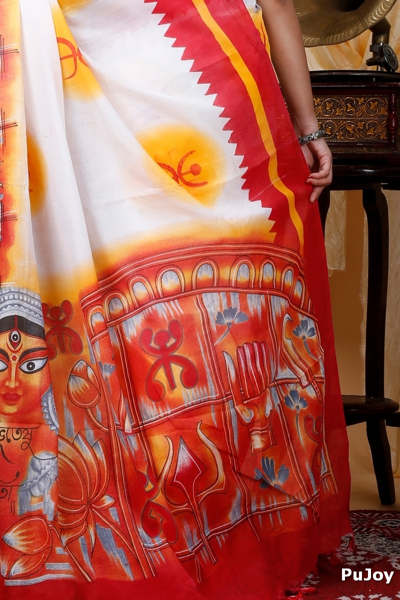 Red Pure Cotton Durga Printed Handloom Saree (1316)