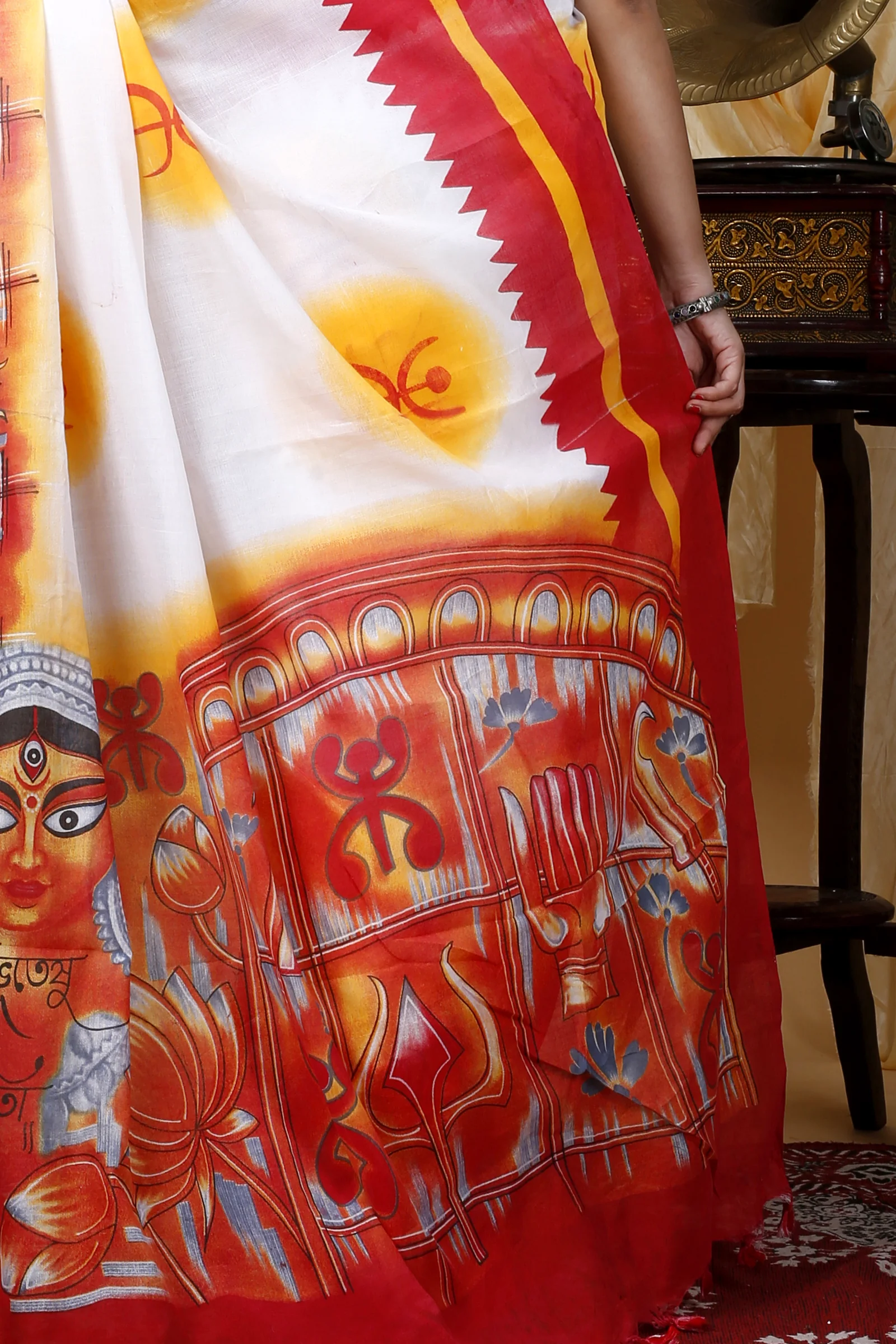 Red Pure Cotton Durga Printed Handloom Saree (1316)