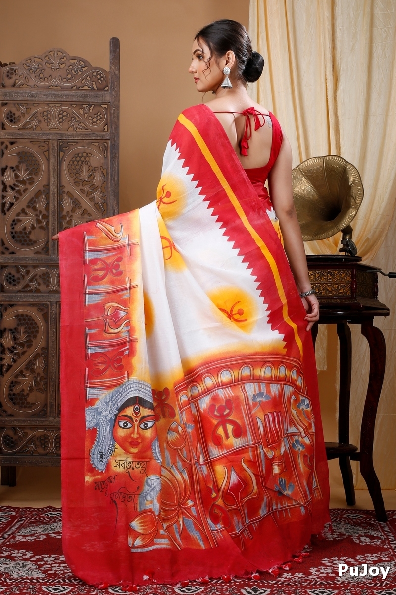 Red Pure Cotton Durga Printed Handloom Saree (1316)