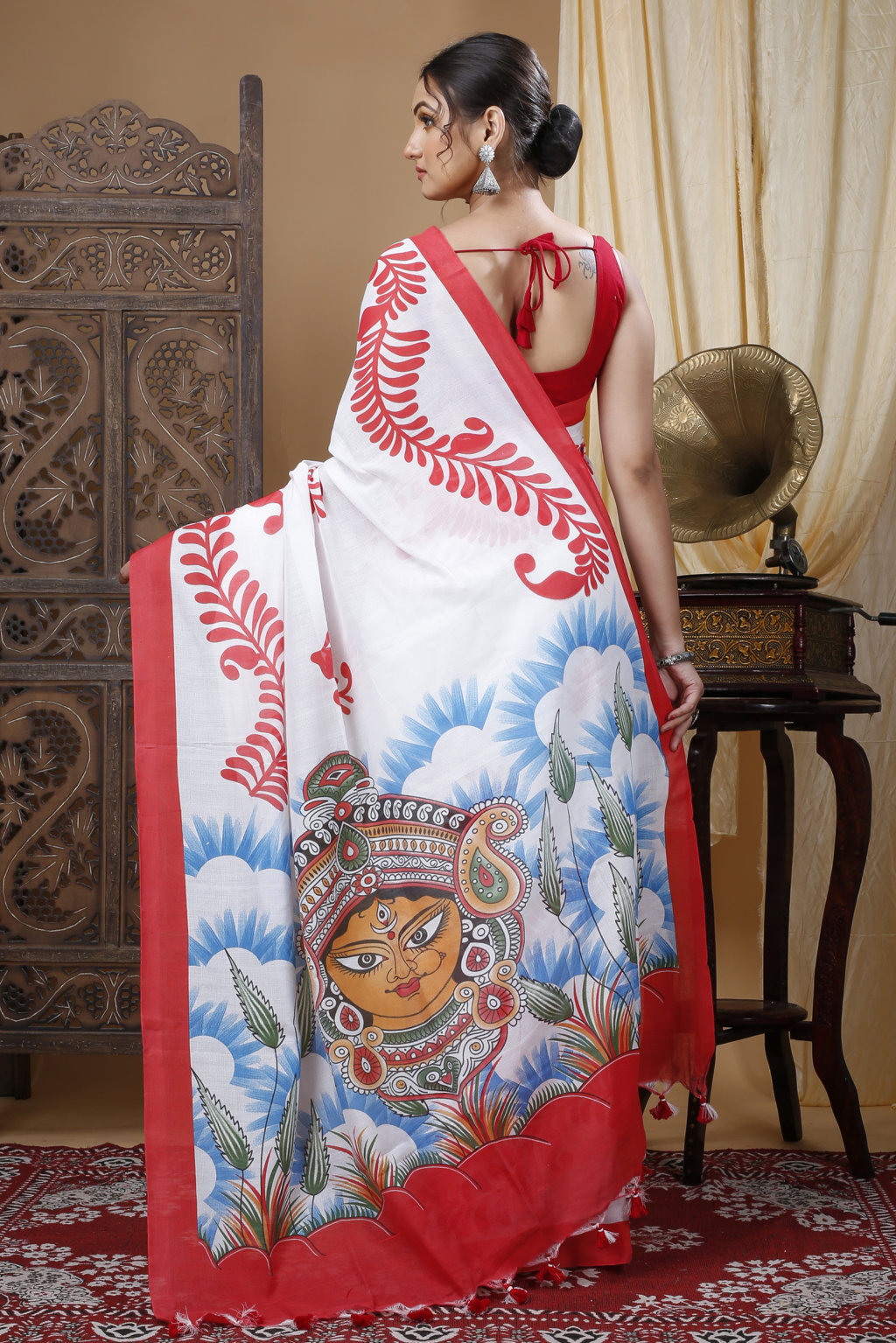 Red White Pure Cotton Durga Printed Handloom Saree (1317)