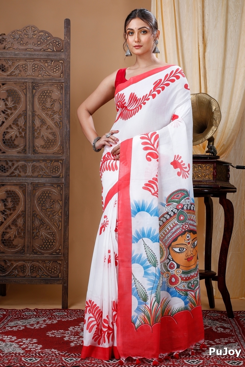 Red White Pure Cotton Durga Printed Handloom Saree (1317)