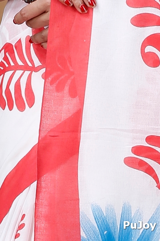 Red White Pure Cotton Durga Printed Handloom Saree (1317)