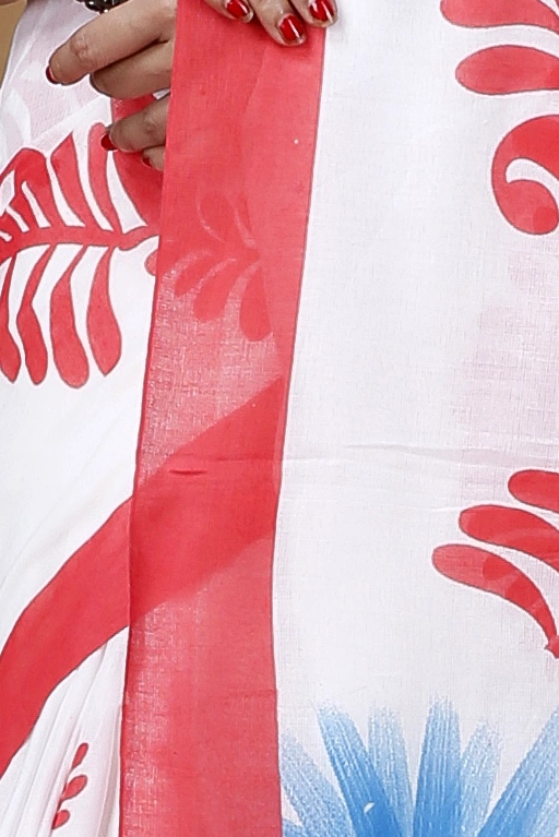 Red White Pure Cotton Durga Printed Handloom Saree (1317)