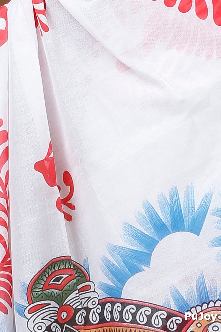 Red White Pure Cotton Durga Printed Handloom Saree (1317)