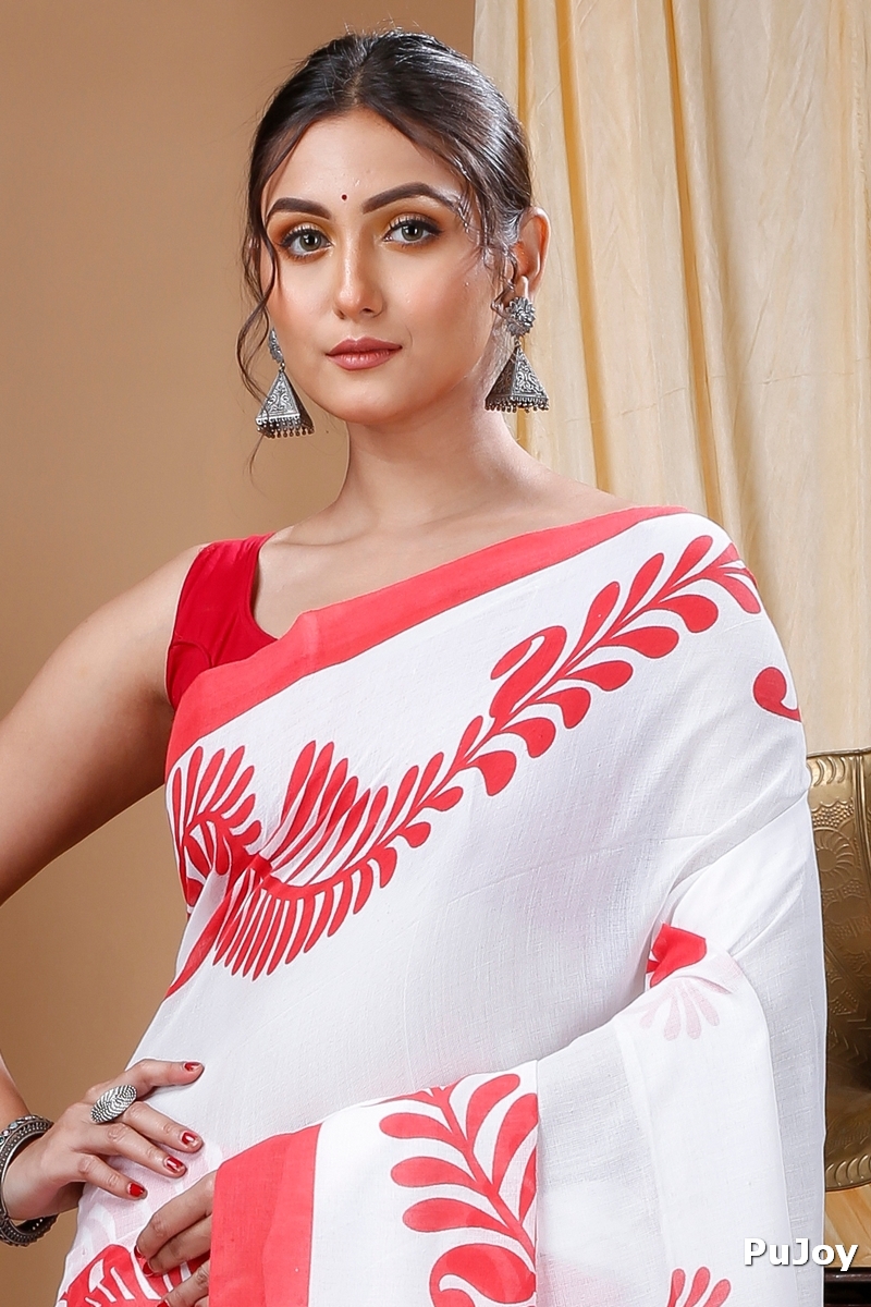 Red White Pure Cotton Durga Printed Handloom Saree (1317)