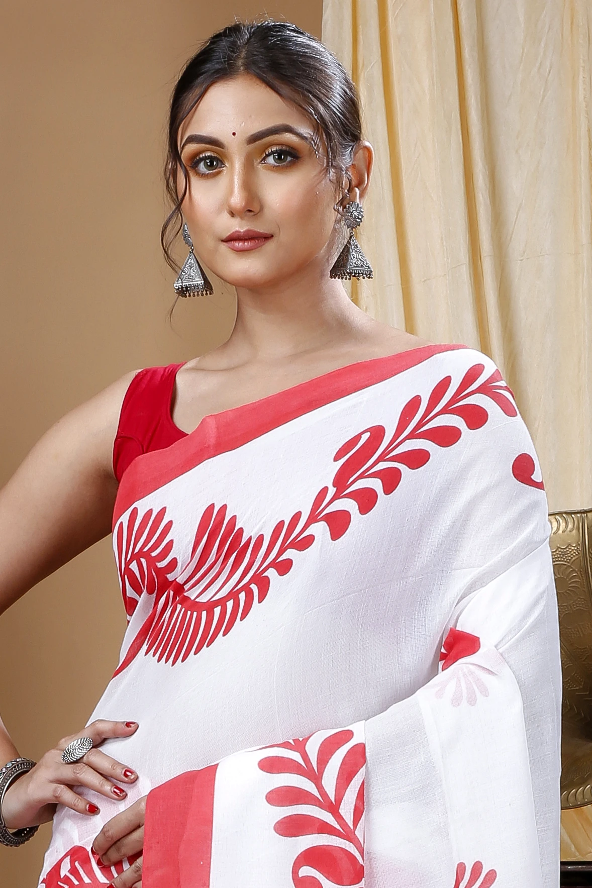 Red White Pure Cotton Durga Printed Handloom Saree (1317)