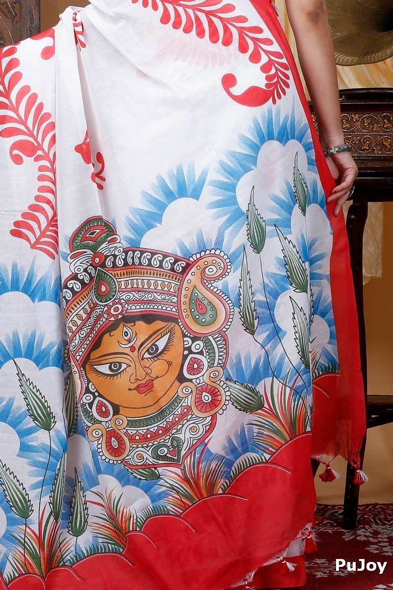 Red White Pure Cotton Durga Printed Handloom Saree (1317)