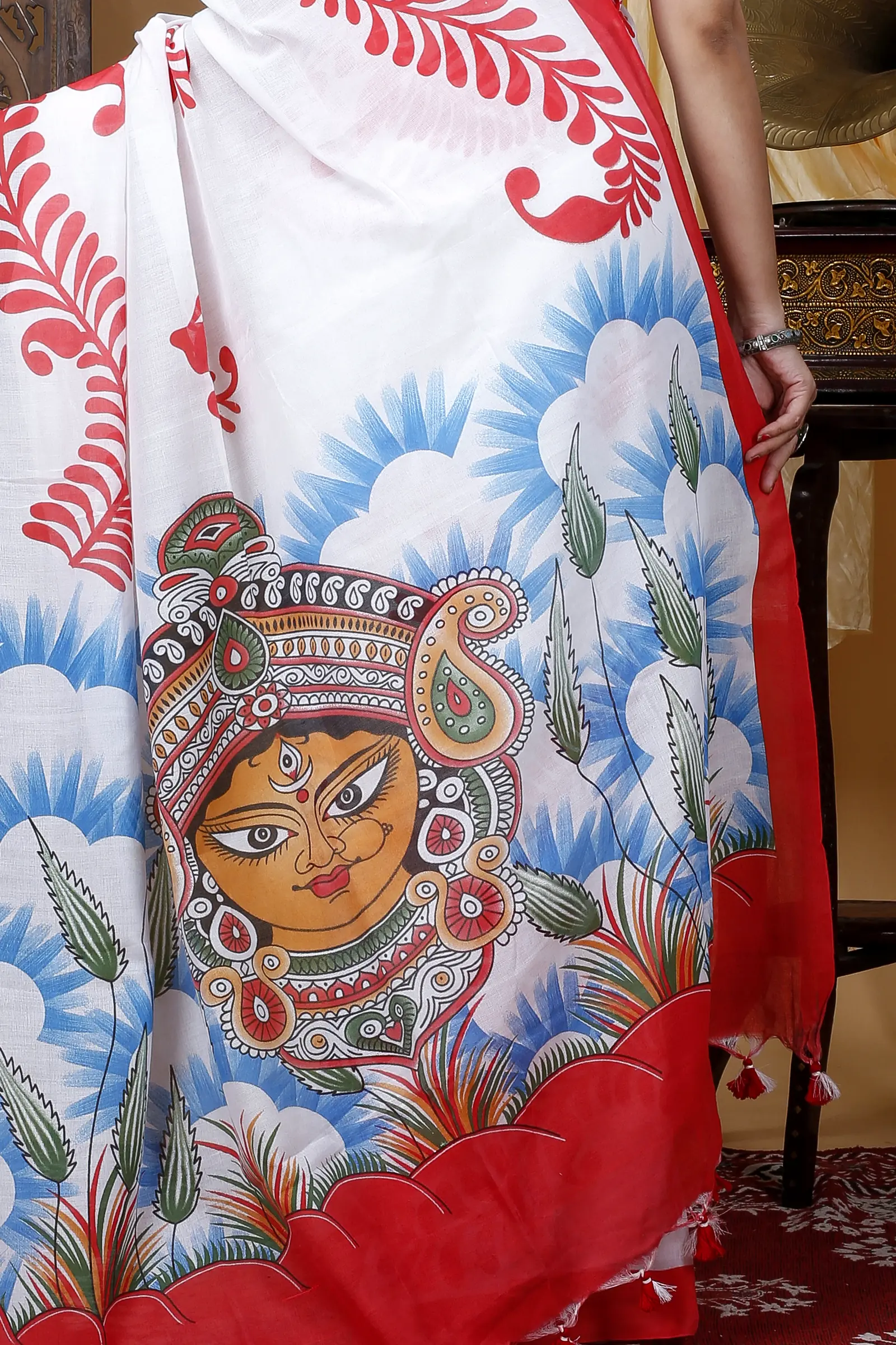 Red White Pure Cotton Durga Printed Handloom Saree (1317)