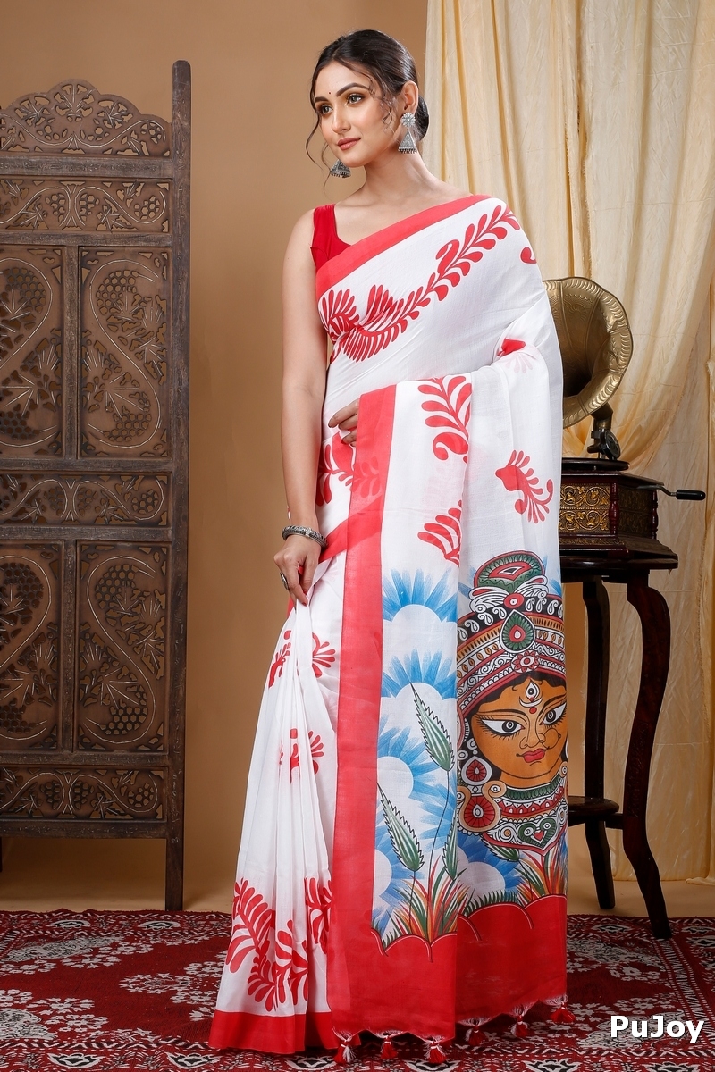 Red White Pure Cotton Durga Printed Handloom Saree (1317)