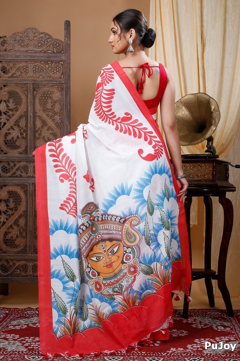 Red White Pure Cotton Durga Printed Handloom Saree (1317)