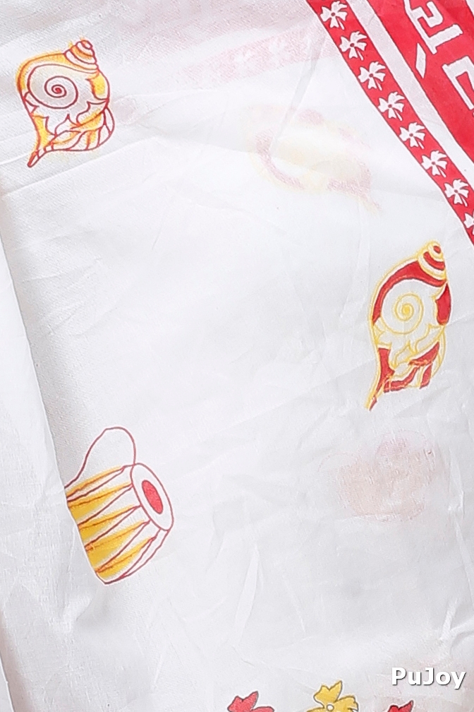 White Pure Cotton Durga Printed Handloom Saree (1318)