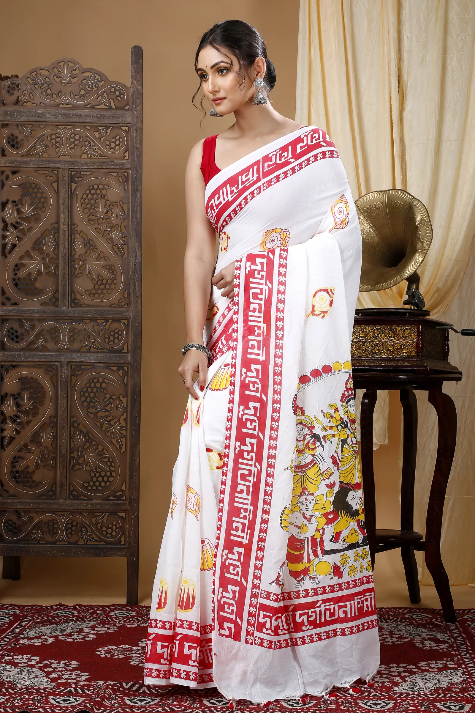 White Pure Cotton Durga Printed Handloom Saree (1318)