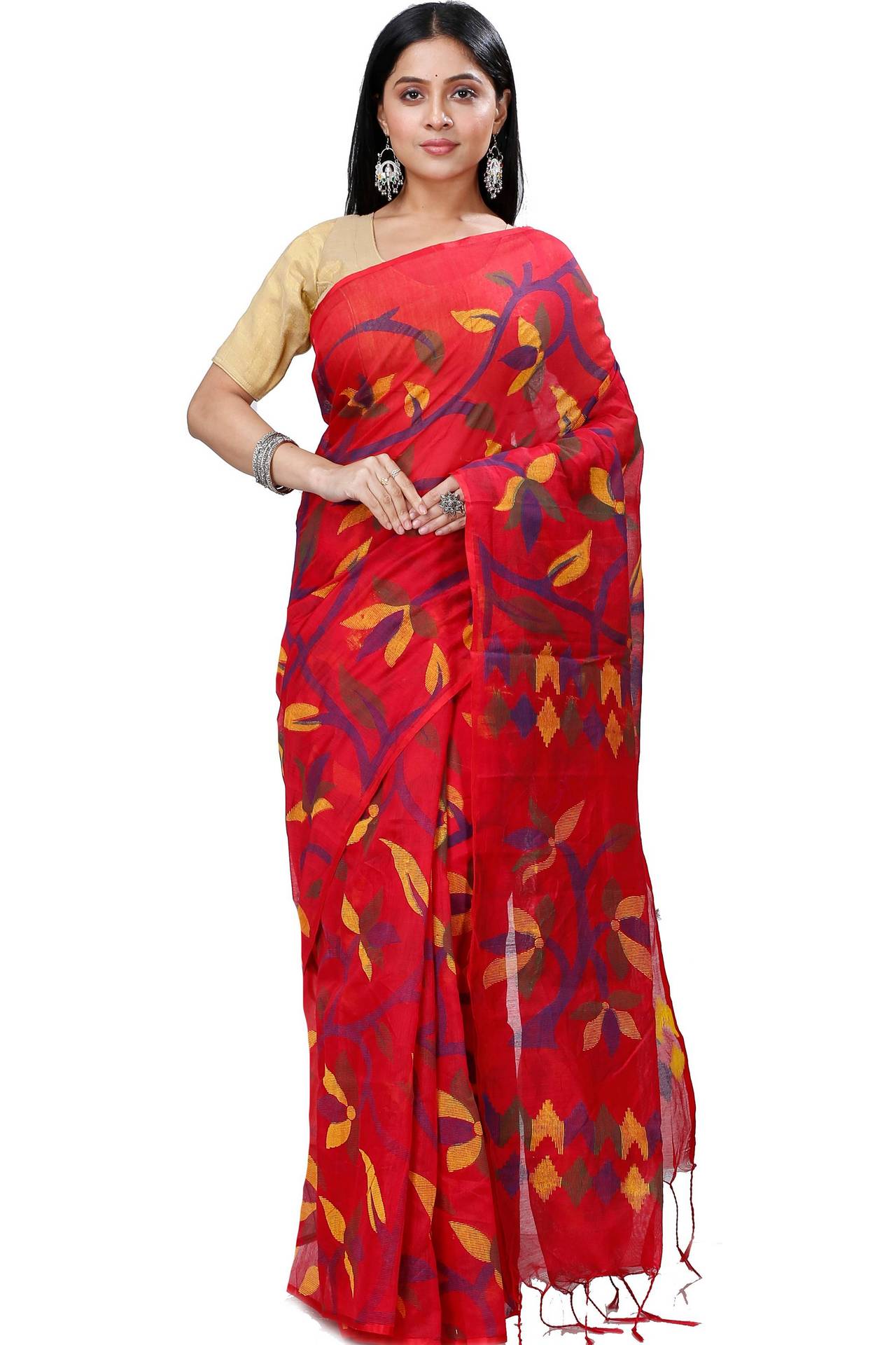 Red Cotton Naren Hand Loom Saree (1321)