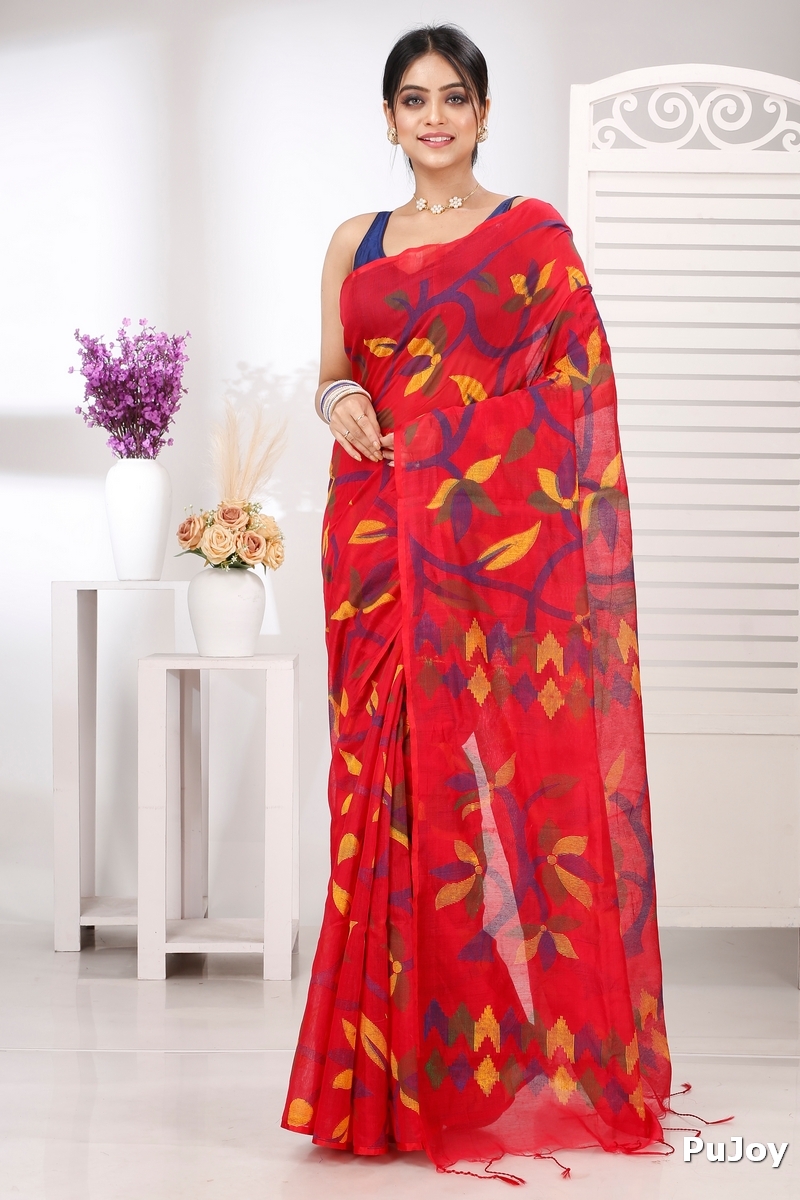 Red Cotton Naren Hand Loom Saree (1321)