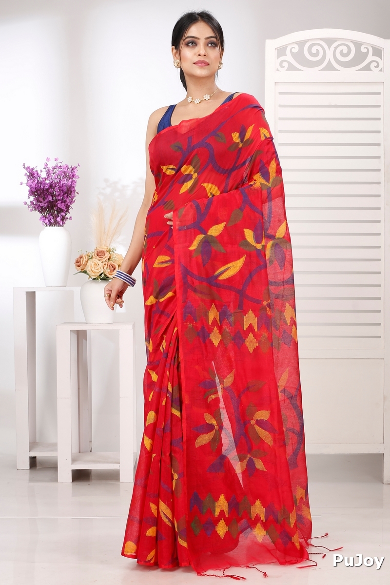 Red Cotton Naren Hand Loom Saree (1321)