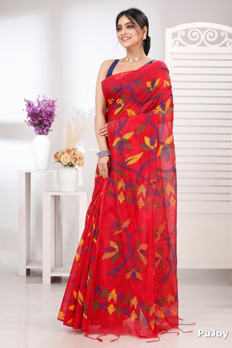 Red Cotton Naren Hand Loom Saree (1321)