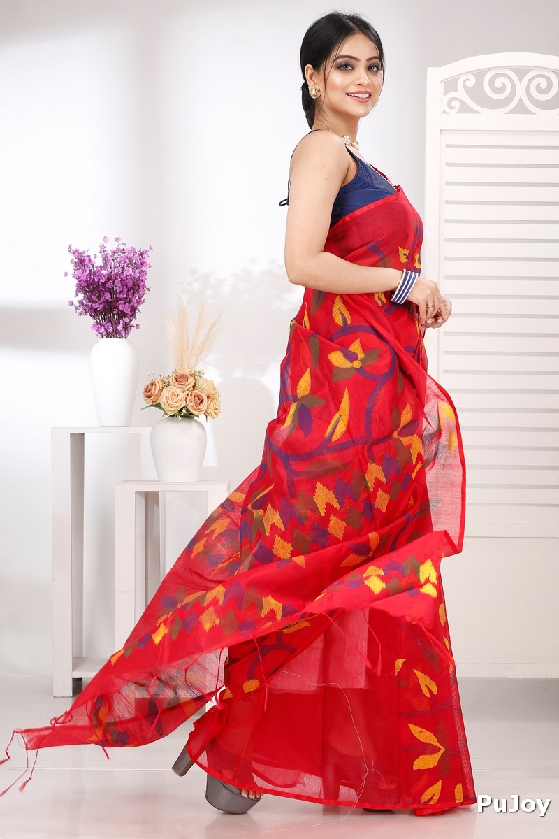 Red Cotton Naren Hand Loom Saree (1321)