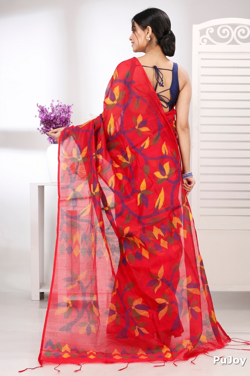 Red Cotton Naren Hand Loom Saree (1321)