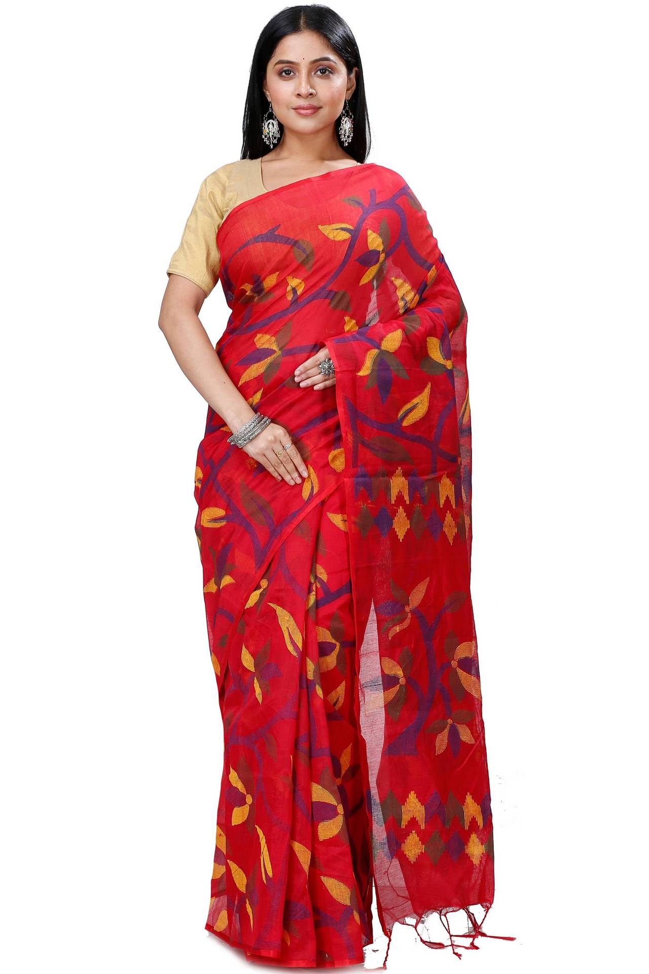 Red Cotton Naren Hand Loom Saree (1321)